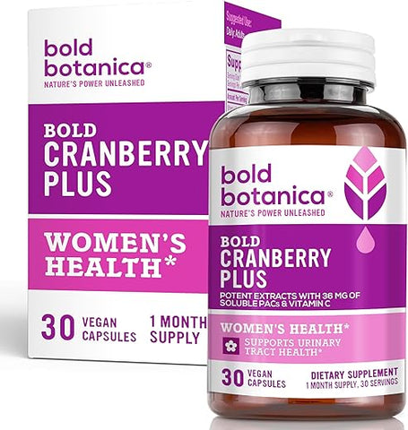 Bold Botanica - Bold Cranberry Plus – 36 mg PAC 100% Solúvel do Extrato de Suco – Suporte ao Trato Urinário UTI – Comprimidos de Cranberry para Mulheres