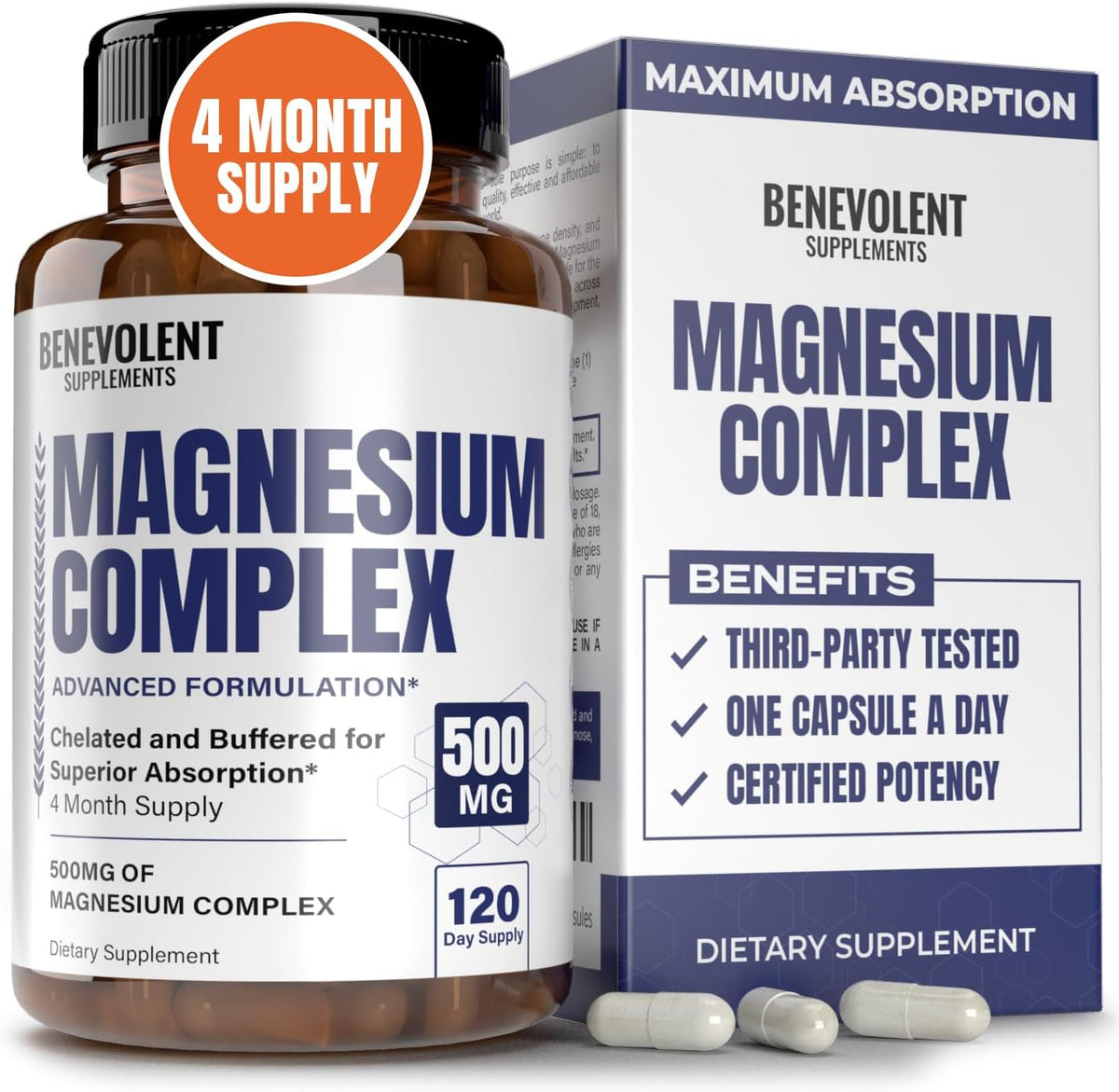 Benevolent Nourishment - Suplemento Complexo de Magnésio, 4 Meses de Fornecimento de 500mg 5-em-1 Magnésio Glicinato, Óxido, Taurato, Quelato, Citrato, Suplemento de Magnésio de Máxima Absorção para Calma e Sono