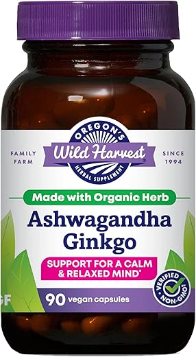 Oregon's Wild Harvest - Oregon’s Wild Harvest Ashwagandha Ginkgo Cápsulas Orgânicas Veganas de Fonte Vegetal | Suporte para Mente Calma e Relaxada, 90 Unidades