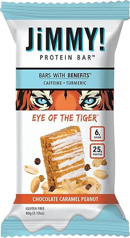 JIMMYBAR - JiMMY’S! Barra de Proteína Funcional – Caramelo Chocolate Nut – Eye of the Tiger – 12 Unidades – Barra de Proteína de Alto Desempenho com Cafeína e Cúrcuma – Baixo teor de açúcar, 25g de Proteína