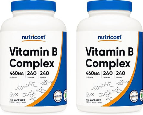 Complexo de Vitaminas B de Alta Potência 462mg, 240 Cápsulas (2 Frascos) – com Vitamina C | Nutricost Complexo de Vitaminas B 462mg, 240 Cápsulas (2 Frascos) – com Vitamina C - Nutricost