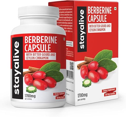 Berberine com Canela do Ceilão, Berberina HCL 1200mg c/ Extrato de Melão Amargo 300mg, Super Extrato 30:1, 120 Cápsulas de Berberina, Vegano, Não-OGM - STAY ALIVE