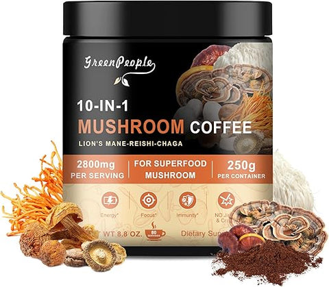 GREENPEOPLE - Café de Cogumelo 10 em 1 | Alternativa de Café de Cogumelo com Lion’s Mane, Reishi, Turkey Tail | 100% Natural | 30g
