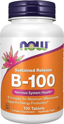Suplementos, Vitamina B-100, Liberação Sustentada, Produção de Energia, Saúde do Sistema Nervoso, 100 Comprimidos - NOW Foods
