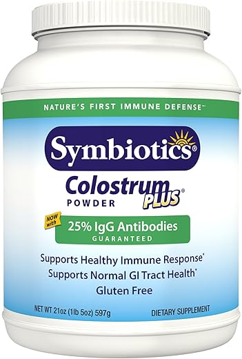 Colostrum Plus Pó 597g – Suporte à Imunidade – Melhora o Desempenho Atlético e Níveis Ideais de Ferro – Imunoglobulina – 25% Anticorpos lgG – Livre de Glúten - Symbiotics