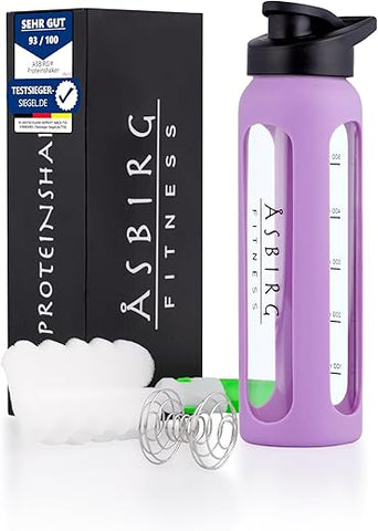 Asbirg - Shaker de Vidro para Fitness | Garrafa para Bebidas com Esfera de Mistura | Preto (roxo pastel) | 500ml