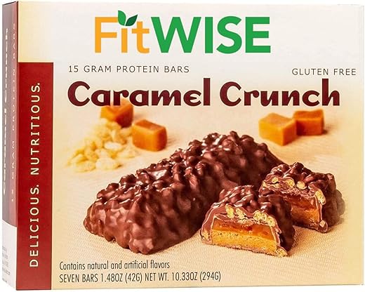 FitWise - FITWISE – Barras de Camada de Alta Proteína, 15g Proteína, Baixa Caloria, Baixa Gordura, Baixo Colesterol, Livre de Aspartame, Barra de Lanche Vegetariana para Café da Manhã, 7 Porções por Caixa (Caramel Crunch)