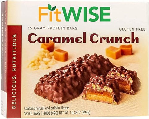 FitWise - FITWISE – Barras de Camada de Alta Proteína, 15g Proteína, Baixa Caloria, Baixa Gordura, Baixo Colesterol, Livre de Aspartame, Barra de Lanche Vegetariana para Café da Manhã, 7 Porções por Caixa (Caramel Crunch)