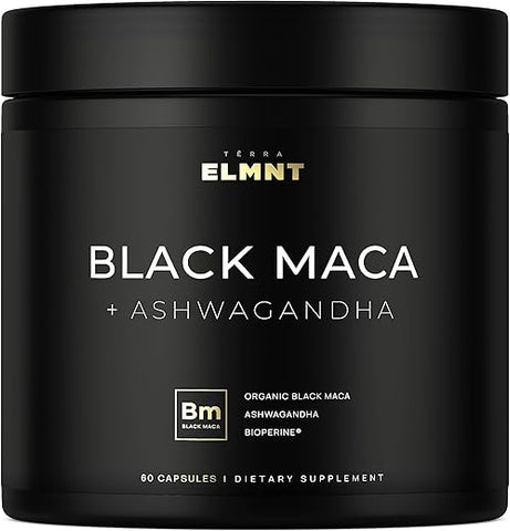 TERRA ELMNT - ELMNT 40,000mg 40x Força Raiz de Maca Preta Orgânica com Ashwagandha – Cápsulas de Raiz de Maca Peruana de Maior Potência para Homens – Pó de Maca Peruana 100% Puro, Gelatinizado – 40g