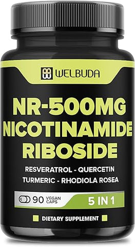 WELBUDA - NAD Nicotinamide Riboside com Resveratrol, Quercetina, Cúrcuma, Rhodiola Rosea – Produção Celular, Vitalidade Geral, Saúde do Envelhecimento – 90 Cápsulas para 90 Dias