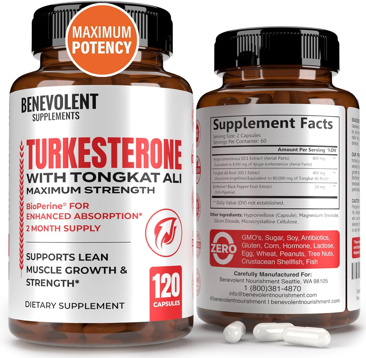 Benevolent Nourishment - Turkesterone 8,000mg – Alta Pureza – BioPerine® para Absorção Máxima – Suplemento com Tongkat Ali – Aumente a Resistência e o Crescimento Muscular Magro