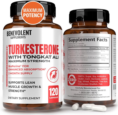 Benevolent Nourishment - Turkesterone 8,000mg – Alta Pureza – BioPerine® para Absorção Máxima – Suplemento com Tongkat Ali – Aumente a Resistência e o Crescimento Muscular Magro