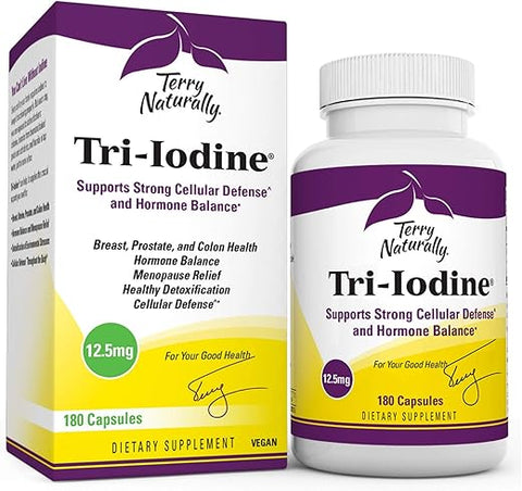 Tri-Iodine 12.5 mg – 12500 mcg Iodo, 180 Cápsulas Veganas – Equilíbrio Hormonal, Estimula o Seio - Terry Naturally