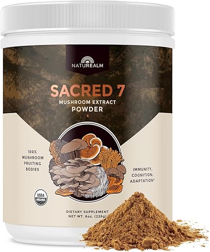 Pó de Extrato de 7 Cogumelos Sagrados – Livre de Preenchedores – Orgânico – 100% Corpos Frutíferos – 227g - Naturealm