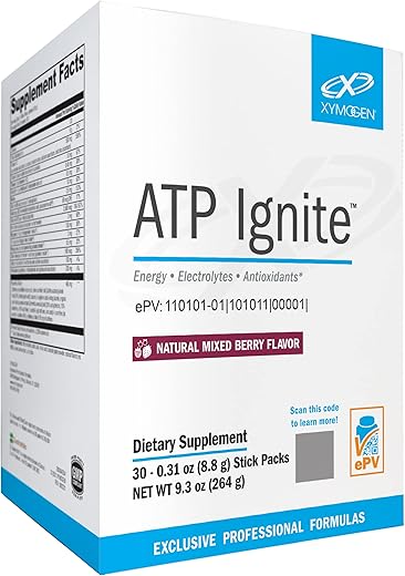 ATP Ignite Pó Energético Revitalizante – Suporta Reposição de Eletrólitos, Biossíntese de ATP com Antioxidantes, Aminoácidos, Vitaminas, Eletrólitos 95mg Cafeína (30g) - XYMOGEN