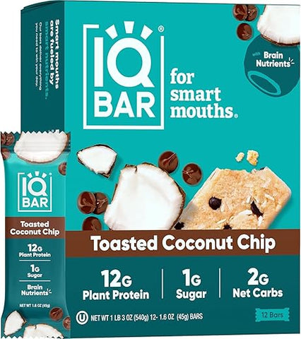 Generic - IQ BAR – Barra de Proteína Vegetal para o Cérebro e o Corpo – Coco Torrado – 12 Unidades, Baixo Carboidrato, Alta Fibra, Sem Glúten, Snacks Veganos – Barras Energéticas com Baixo Teor de Açúcar Keto