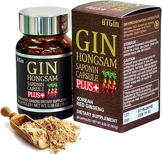 BTGIN - Gin HONGSAM – Ginseng Vermelho Coreano 60 Cápsulas – Suplemento Premium Anti Aging – Energia | Imunidade | Memória para Mulheres e Homens 100%% Ginseng Vermelho