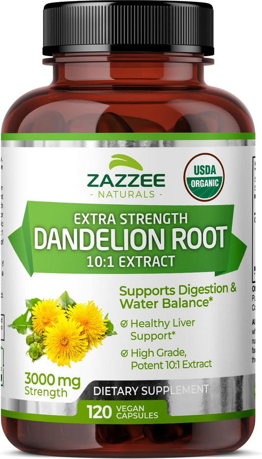 Dandelion Root Orgânico USDA 10:1 Extrato, 3000 mg Força, 120 Cápsulas, Suprimento de 4 Meses, Extrato Padronizado e Concentrado 10X, 100%% Vegetariano, Natural e Não-OGM - Zazzee
