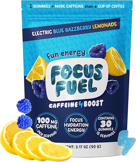 FocusFuel - Focus Energy Gummies – Chews Energéticos, 100mg de Cafeína por 2 Gummies, Com B12, Magnésio, Eletrólitos, Ingredientes Naturais (Blue Razzberry Lemonade – 30 Chews, 90g)