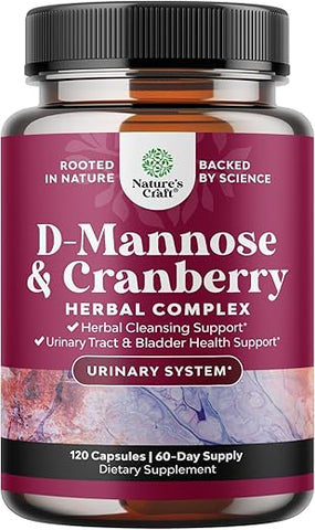 Natures Craft - D-Mannose com Extrato de Cranberry – Cápsulas Potentes para Limpeza Renal e Saúde do Trato Urinário Feminino – Cápsulas de D-Mannose 1000mg com 1000mg por Porção