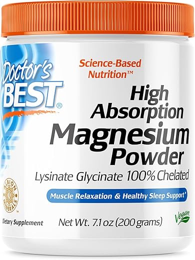 Doctor's BEST - Pó de Magnésio de Alta Absorção Doctor’s Best, Branco, 100% Quelato TRACCS, Não Tamponado, Cabeça, Sono, Energia. Não-OGM, Vegano, Sem Glúten, 200g, 7,1g (Embalagem de 1)