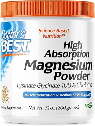 Doctor's BEST - Pó de Magnésio de Alta Absorção Doctor’s Best, Branco, 100% Quelato TRACCS, Não Tamponado, Cabeça, Sono, Energia. Não-OGM, Vegano, Sem Glúten, 200g, 7,1g (Embalagem de 1)