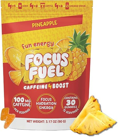 FocusFuel - Focus Energy Gummies – Gomas Energéticas, 100mg de Cafeína por 2 Gomas, Com B12, Magnésio, Eletrólitos, Ingredientes Naturais (Abacaxi – 30 Gomas, 90g)