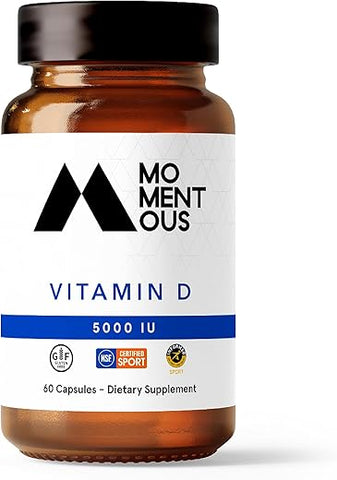 Vitamina D3 – Cápsulas 5000 UI para Suporte à Saúde Fundacional – Certificado NSF, Sem Glúten, 60 Porções - Momentous