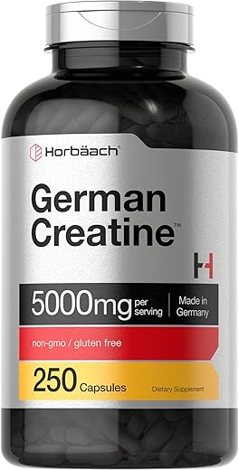 Creatina Monohidratada Alemã 5000mg | 250 Cápsulas | Suplemento Livre de Transgênicos e Glúten - Horbäach