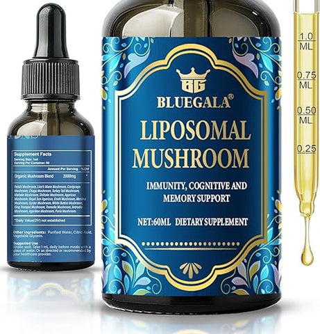 BLUEGALA - Gotas de Complexo de Cogumelo Lipossomal, Suplemento Natural de Cogumelo, Melhora Memória e Concentração | Marca: Liposomal Mushroom Complex