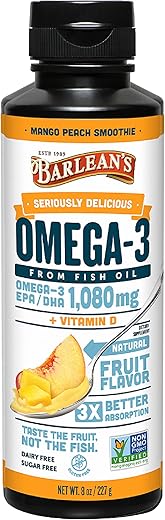 Barlean's - Barlean’s Óleo de Peixe Líquido de Manga e Pêssego com Ômega 3 e Vitamina D, 1080mg EPA – 30ml
