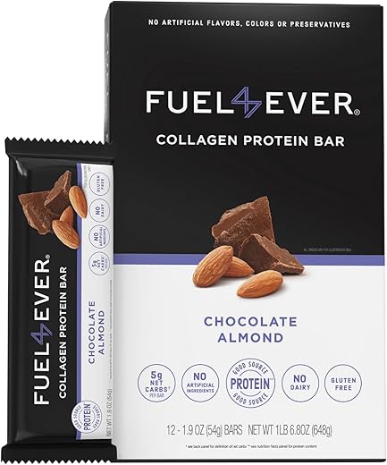 Fuel 4 Ever - Fuel4Ever Barras de Proteína de Colágeno | 14g de Proteína, Sem Glúten, Sem Laticínios, Sem Açúcar ou Ingredientes Artificiais Adicionados | Caixa com 12 Barras de Sabor Chocolate Amêndoa