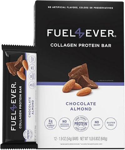 Fuel 4 Ever - Fuel4Ever Barras de Proteína de Colágeno | 14g de Proteína, Sem Glúten, Sem Laticínios, Sem Açúcar ou Ingredientes Artificiais Adicionados | Caixa com 12 Barras de Sabor Chocolate Amêndoa