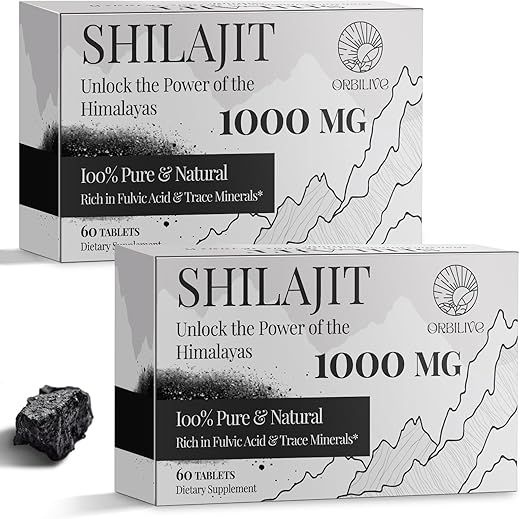 ORBILIVE - 30,000 MG de Comprimidos de Shilajit, 100%% Puro Orgânico do Himalaia, para Homens e Mulheres, Rico em Ácido Fúlvico