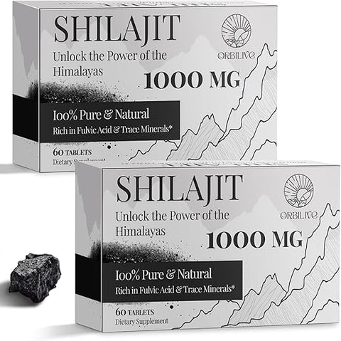 ORBILIVE - 30,000 MG de Comprimidos de Shilajit, 100%% Puro Orgânico do Himalaia, para Homens e Mulheres, Rico em Ácido Fúlvico