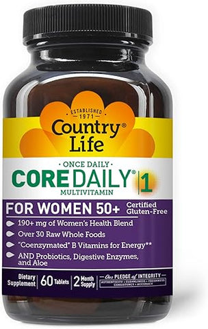 CORE Daily-1 para Mulheres 50 Multivitamínico – Fórmula para Mulheres Acima de 50, Nutrição Diária Completa com Mistura de Saúde Feminina, Vitaminas B Coenzimadas, Probióticos e - Country Life