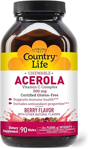 Acerola Complexo de Vitamina C, 500mg, Pastilhas Mastigáveis com Sabor de Frutas Vermelhas, Suporte à Saúde Imunológica, 90 Pastilhas, Certificado Livre de Glúten pela GFCO, Certificado Vegano pela AVA - Country Life