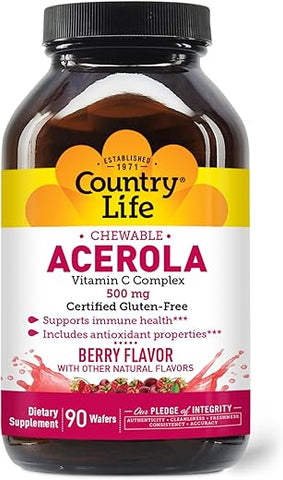 Acerola Complexo de Vitamina C, 500mg, Pastilhas Mastigáveis com Sabor de Frutas Vermelhas, Suporte à Saúde Imunológica, 90 Pastilhas, Certificado Livre de Glúten pela GFCO, Certificado Vegano pela AVA - Country Life