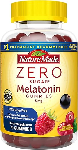 Melatonina 5mg Gomas Extra Fortes Sem Açúcar, 100%% Livre de Medicamentos para Auxiliar o Sono de Adultos, 70 Gomas de Melatonina Sem Açúcar, Suprimento de 70 Dias - Nature Made