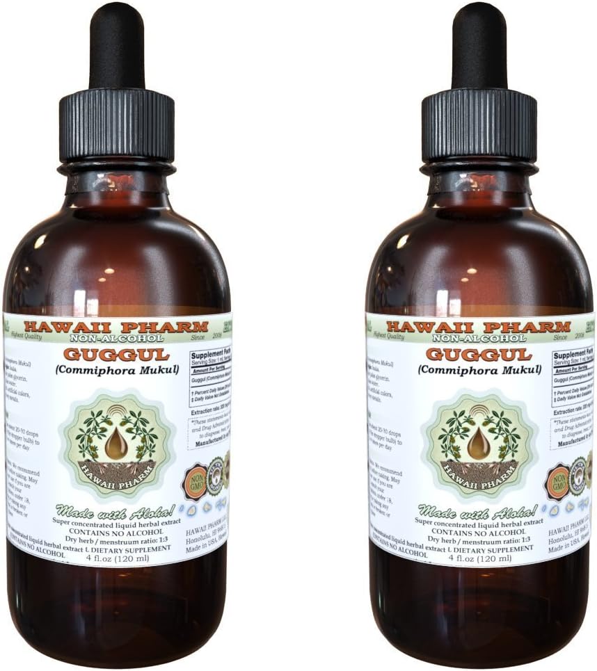 Guggul Extrato Líquido Sem Álcool, Guggul Orgânico (Commiphora Mukul) Resina de Goma Não Processada Glicerito Hawaii Pharm Suplemento Herbal Natural 2×120 ml