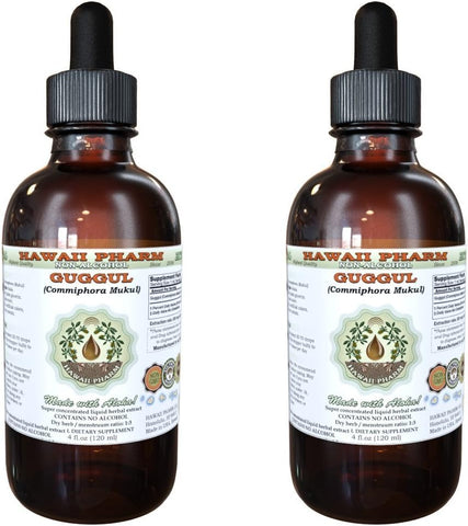 Guggul Extrato Líquido Sem Álcool, Guggul Orgânico (Commiphora Mukul) Resina de Goma Não Processada Glicerito Hawaii Pharm Suplemento Herbal Natural 2×120 ml