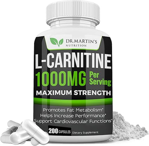 DR. MARTIN'S NUTRITION - DR. MARTIN’S NUTRITION L-Carnitina Extra Forte – 200 Cápsulas – 1000mg Por Porção – Acelere Seu Metabolismo e Melhore o Desempenho