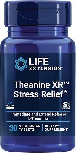Theanine XR™ – Alívio do Estresse – L-Teanina – Promove uma Resposta Calma ao Estresse Diurno – Não-OGM, Sem Glúten, Vegetariano – 30 Comprimidos - Life Extension