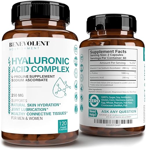 Benevolent Nourishment - Suplemento de Ácido Hialurônico 250mg com Vitamina C 200mg e L-Proline 1000mg