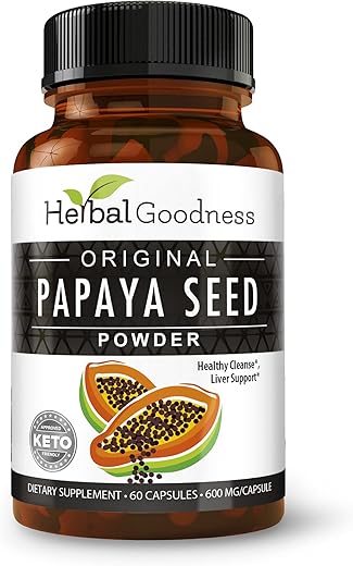 Cápsulas de Sementes de Mamão Herbal Goodness 60 un. – Suporte para Saúde Intestinal e Digestiva – Desintoxicação Natural do Corpo e Fórmula de Limpeza do Cólon – 1 Embalagem