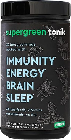 SUPERGREEN TONIK - 100%% Natural Greens Superfood Powder – Superalimento Diário com 38 Superfoods, Vitaminas e Minerais – Suporte para Energia, Estresse e Imunidade – 30 Dias 360 Gramas Sabor de Frutas Vermelhas (1 Tubo)
