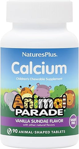 Natures Plus - NaturesPlus Animal Parade Cálcio Infantil Sem Açúcar, Sabor Sundae de Baunilha – 90 Comprimidos Mastigáveis em Formato de Animais – Magnésio para Saúde Óssea – Livre de Glúten – 45 Porções
