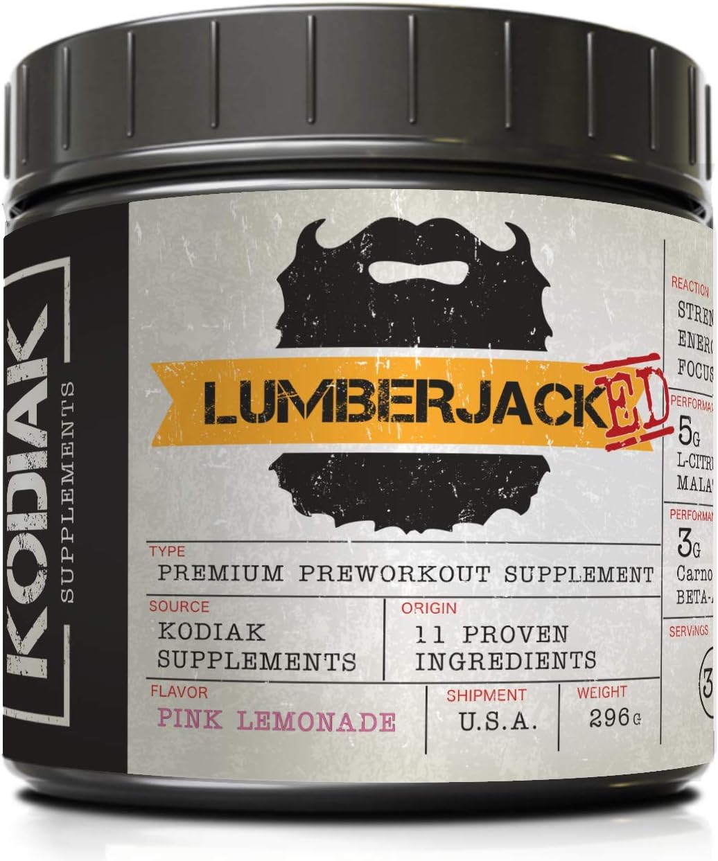 Kodiak Supplements - LUMBERJACKED Pré-Treino com CarnoSyn 30 Porções – Melhores Pumps, Força, Energia e Foco – Sem Queda (Pink Lemonade)