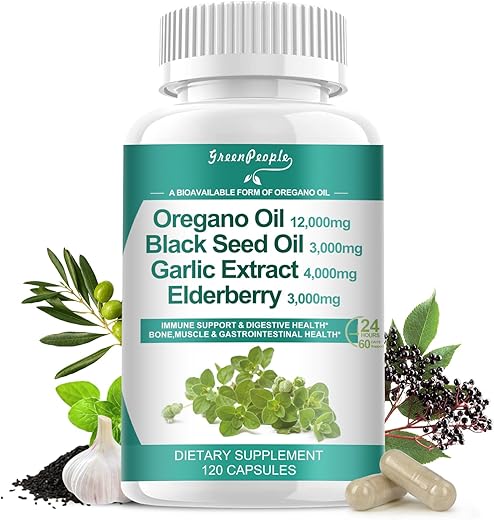 GREENPEOPLE - Óleo de Orégano Cápsulas Orgânicas 12.000 mg com Óleo de Semente Negra Alho Sabugueiro – 120 Unidades Veganas – Suporte Imunológico e Digestivo
