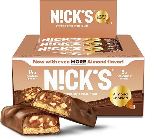 N!CK'S - Nick’s Barras de Proteína Amêndoa Chocolate | 14g proteína | 220 calorias | Snacks Low Carb Keto Amigáveis Sem Açúcar Adicionado (Multipack 12 barras x 50g)